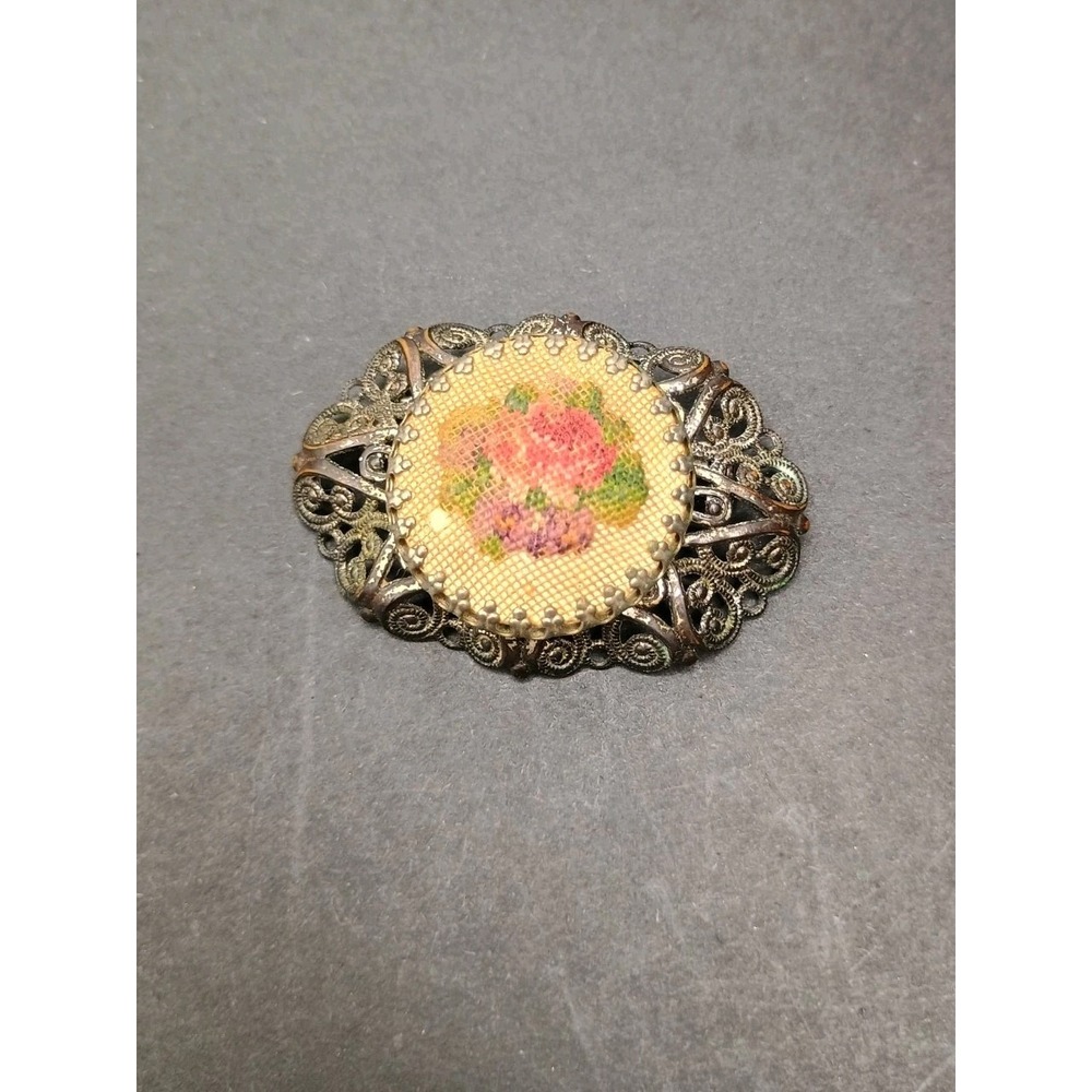 Vintage Western Germany Petit Point Floral Brooch Filigree Frame Marked